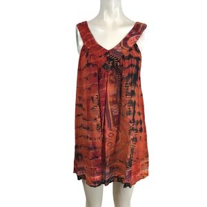 GreaterGood Orange Tie Dye Mandala Print V-Neck Boho Mini Dress Womens S/M